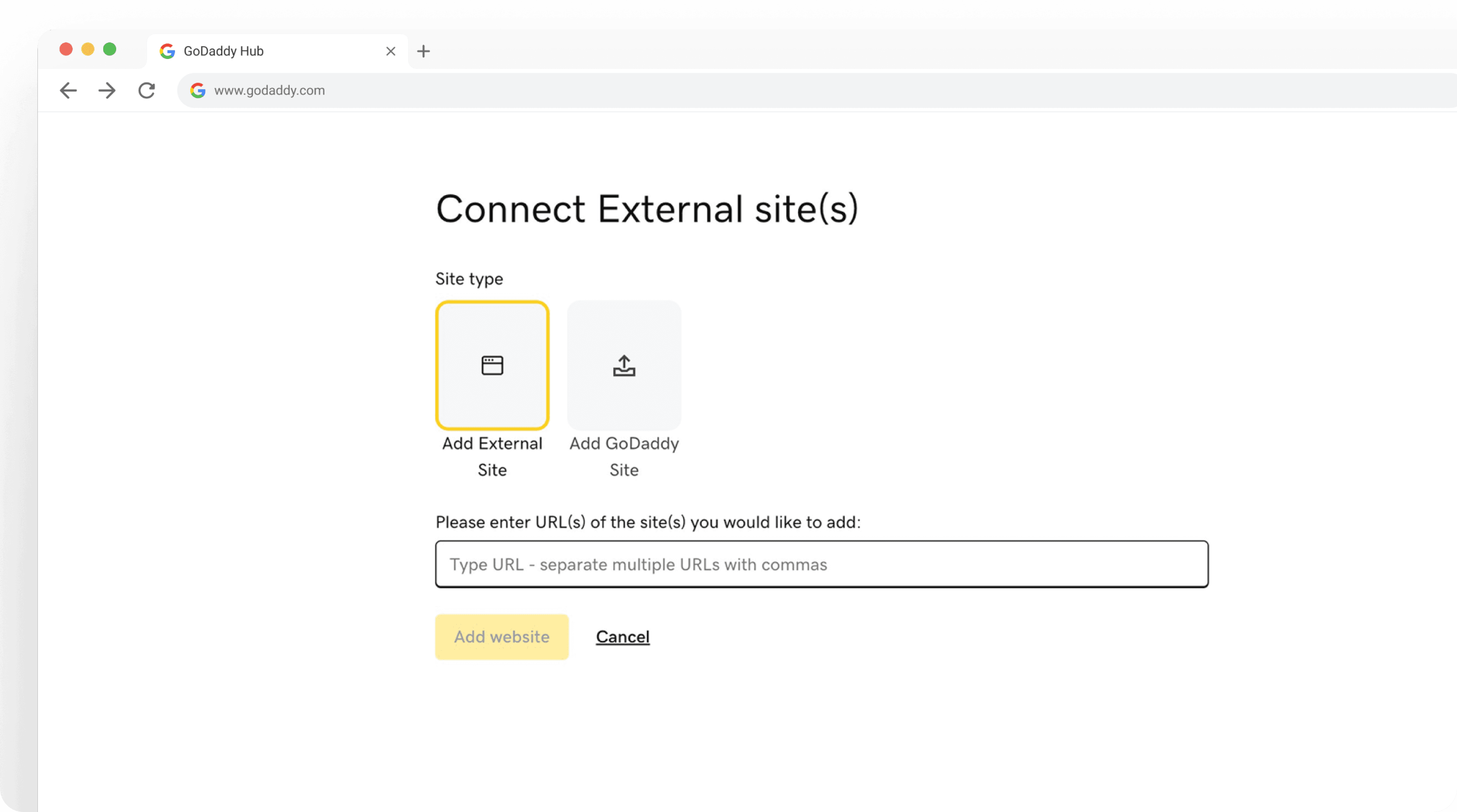 Before: first step with GoDaddy / External sites choice