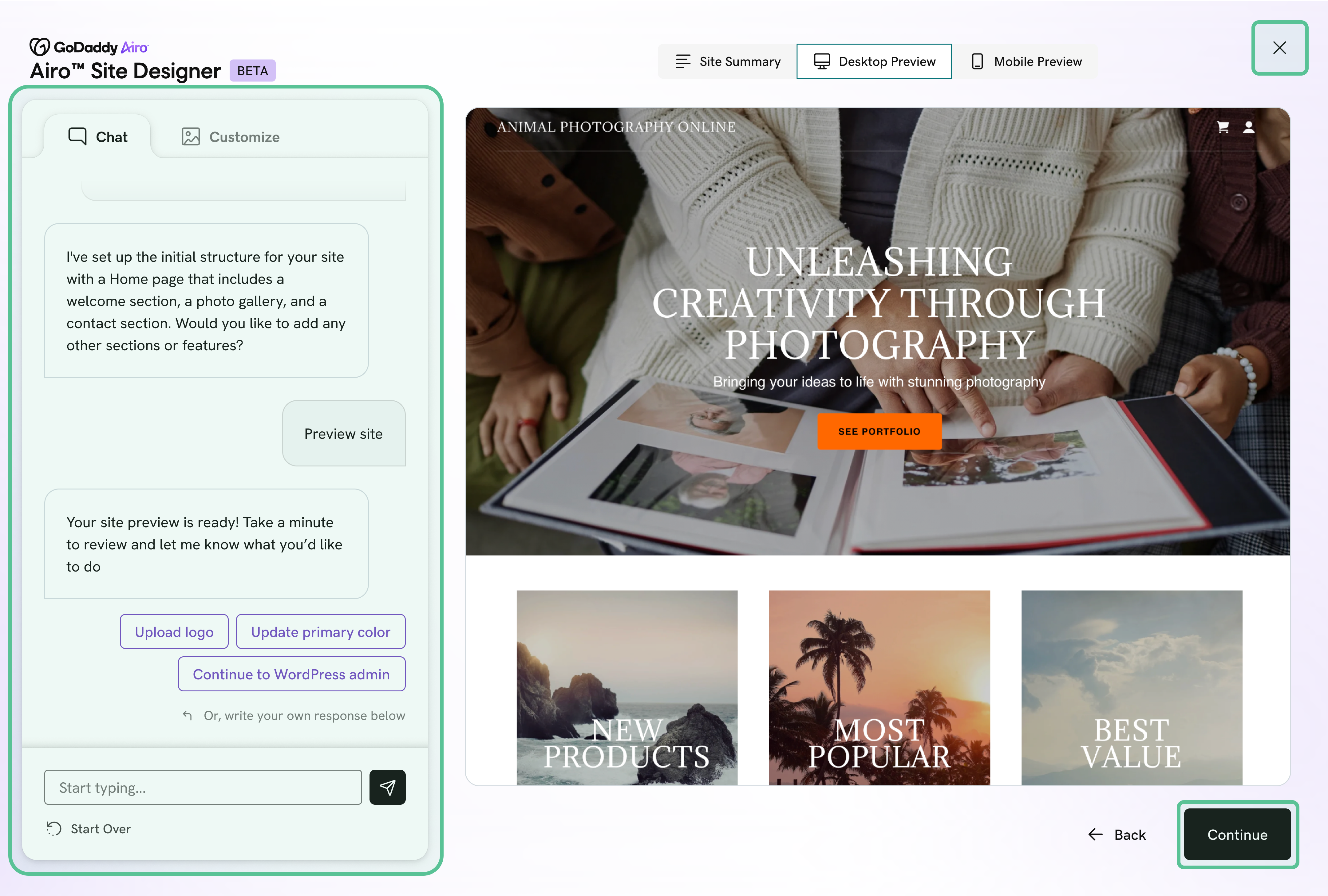 After: onboarding gathers a brief up front so the AI has context before building the first version.