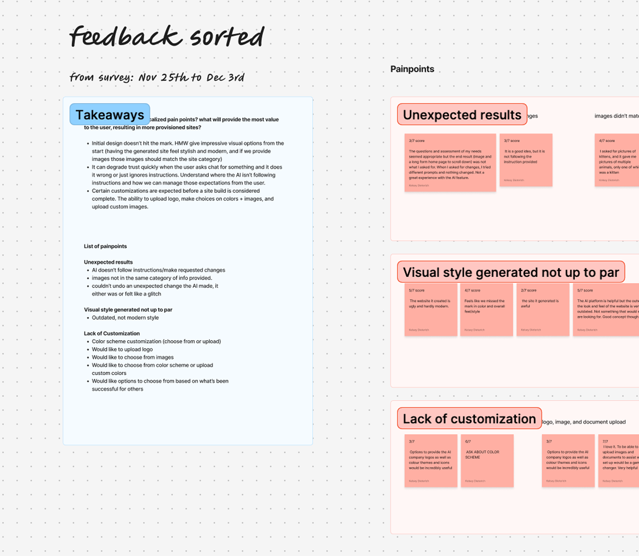 Feedback sorted into themes to inform the next milestone.